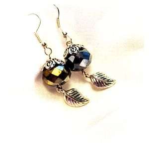 pewter leaf and faceted glass dangle earrings